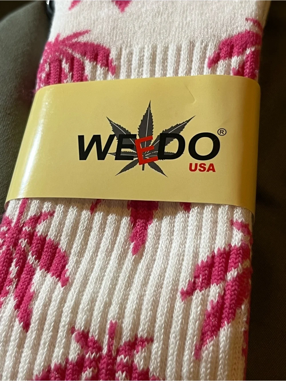 Men's White Crew Socks with Pink Leaf Pattern by WKND
